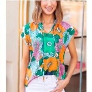 THML Womens XS Top Blouse Green Orange Floral Print V Neck Tie Short Sleeve